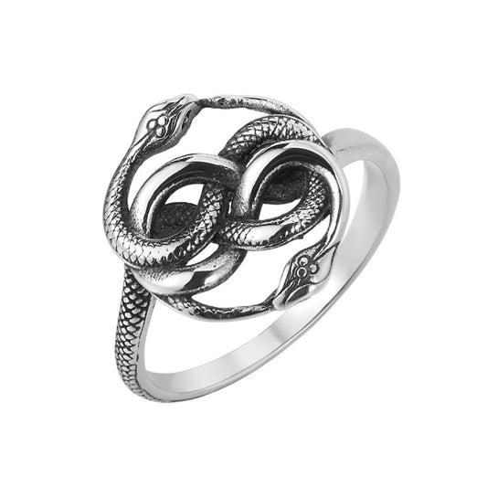 Entangled Double Ouroboros Snakes Titanium Steel Ring for Men