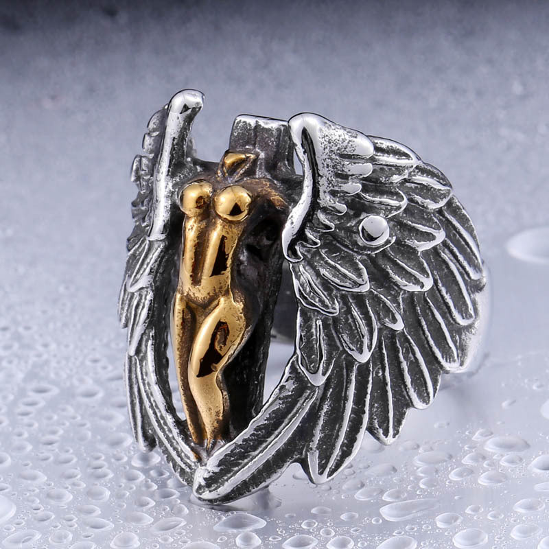 Vintage Angel Wings Men's Ring - Customizable Titanium Steel Cross Band