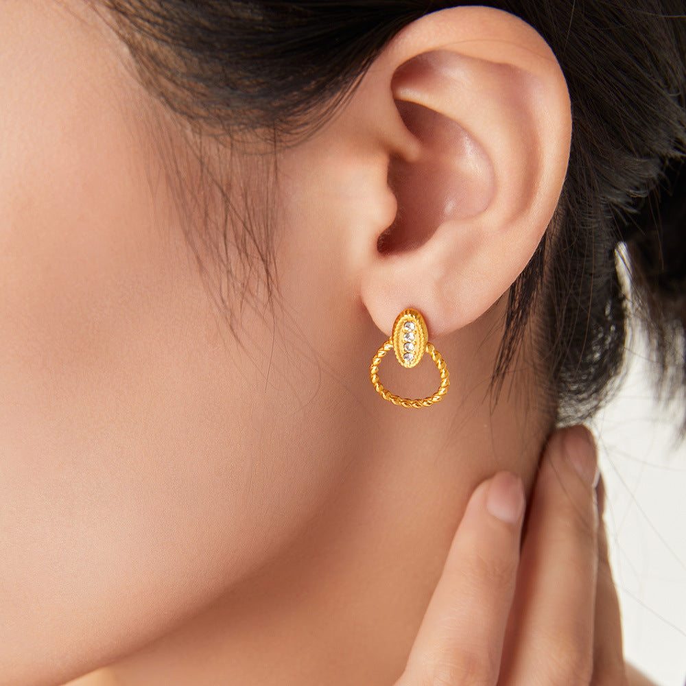 Elegant Lace Round Zircon Earrings in Gold-Plated Titanium Steel