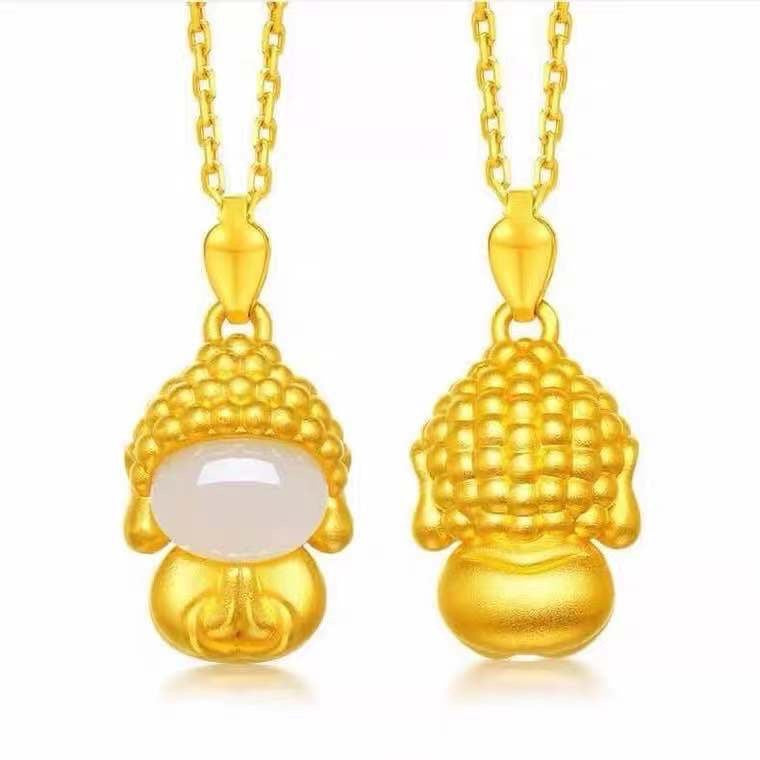 Baby Buddha White Jade Pendant with Golden Necklace