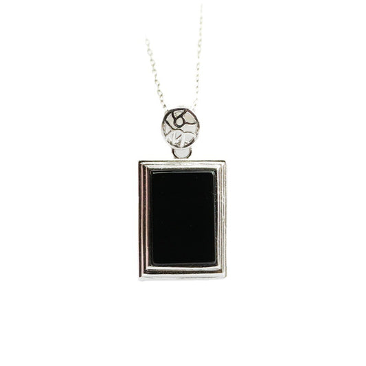 Blackish Green Natural Jade Rectangle Sterling Silver Pendant Necklace