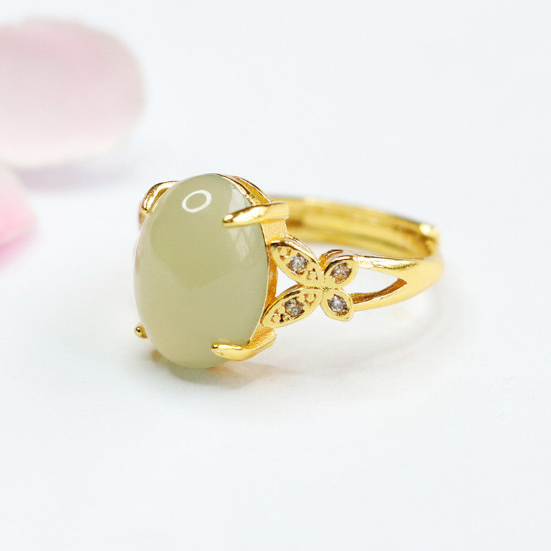 Oval Hetian Jade Ring with Zircon Butterfly Accent and Adjustable Design