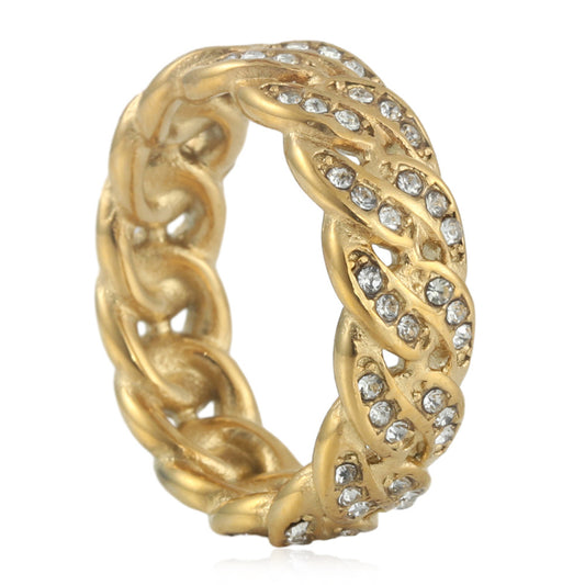 Trendy Titanium Steel Woven Chain Ring for Men and Women - Punk Retro Multi-Zircon Design