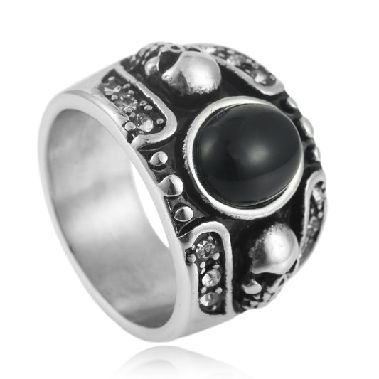 Punk Retro Titanium Steel Skull Ring for Men with Oval Stone - European and American Style