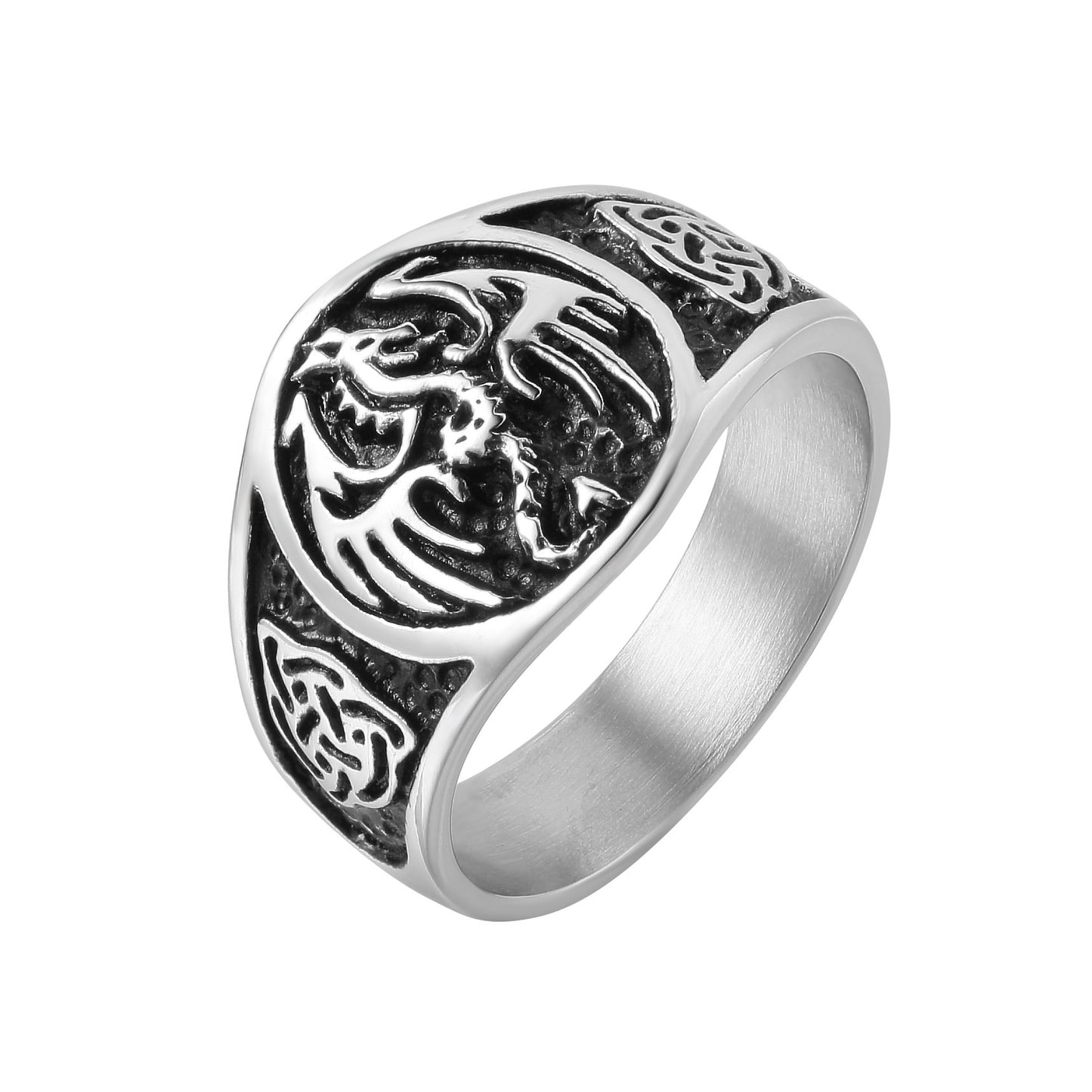 Retro Dragon Clan Logo Men's Titanium Steel Ring with Flying Dragon