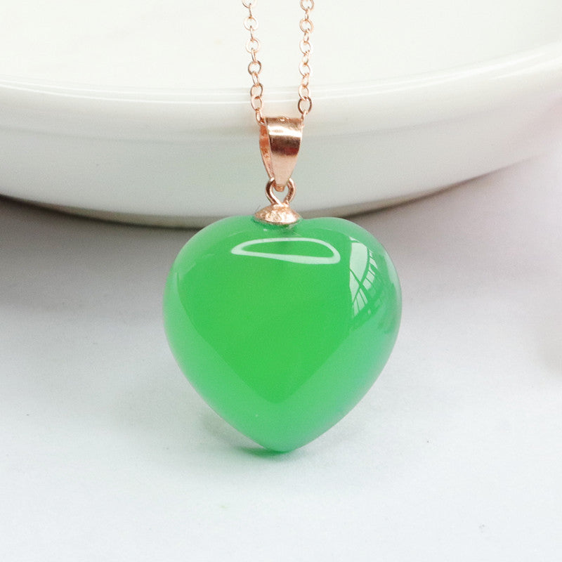 Rose Gold Necklace with Sterling Silver Green Chalcedony Love Pendant