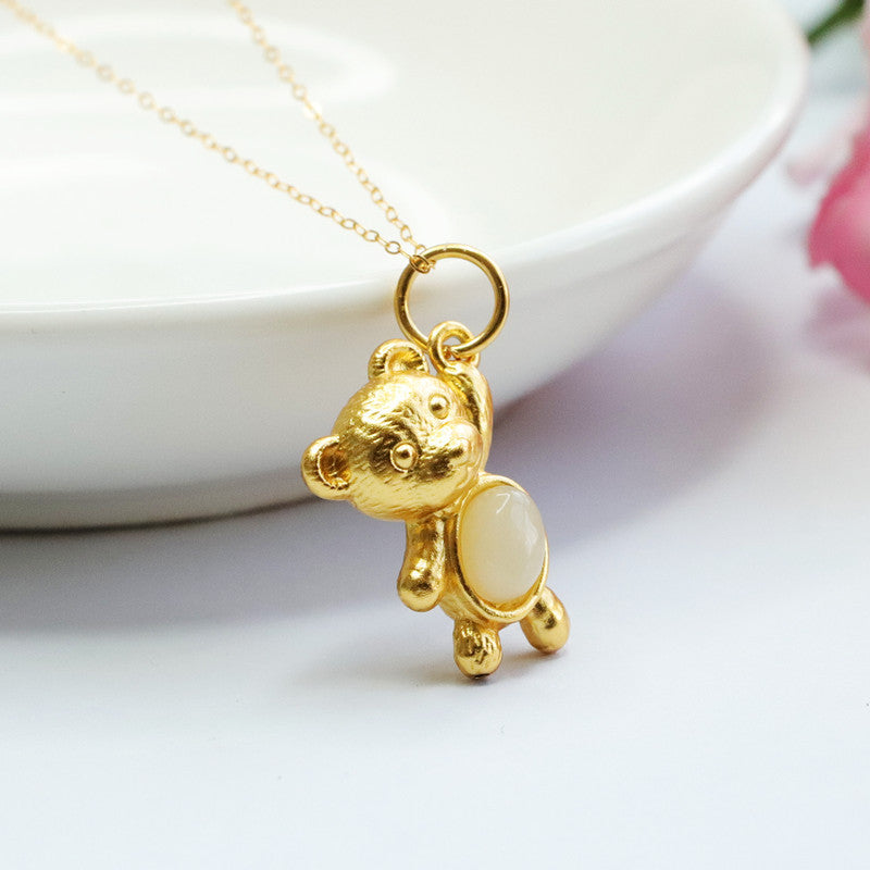 S925 Sterling Silver Hetian Jade White Jade Bear Necklace