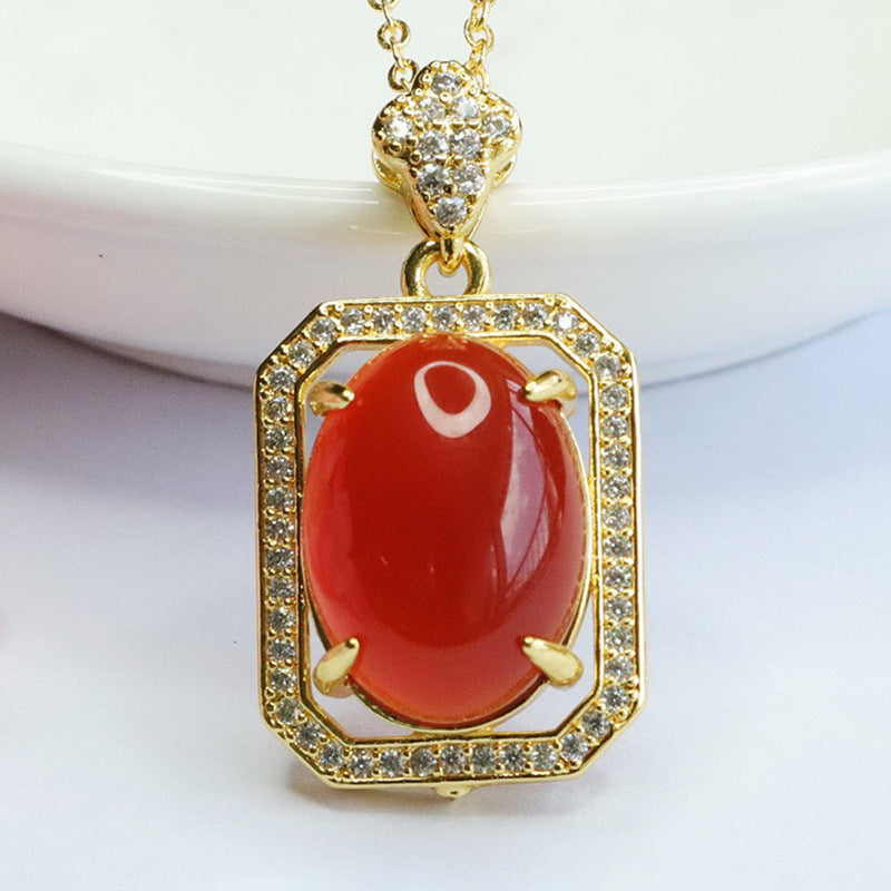 Pigeon Egg Red Agate Rectangle Pendant Zircon Necklace