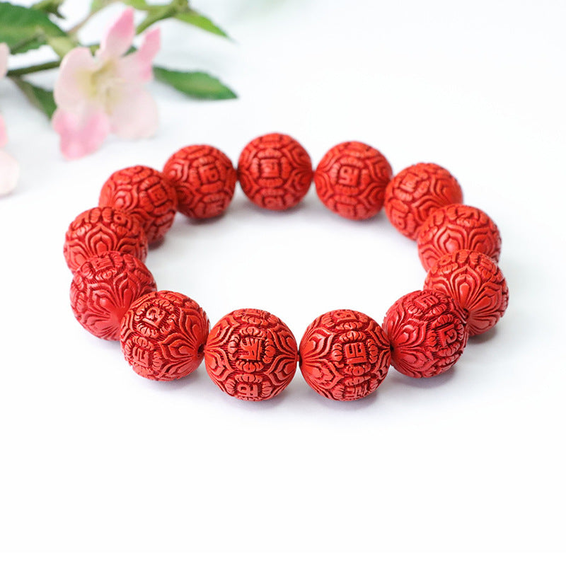 Retro Men's Cinnabar Stone Bead Bracelet with Sterling Silver Accents