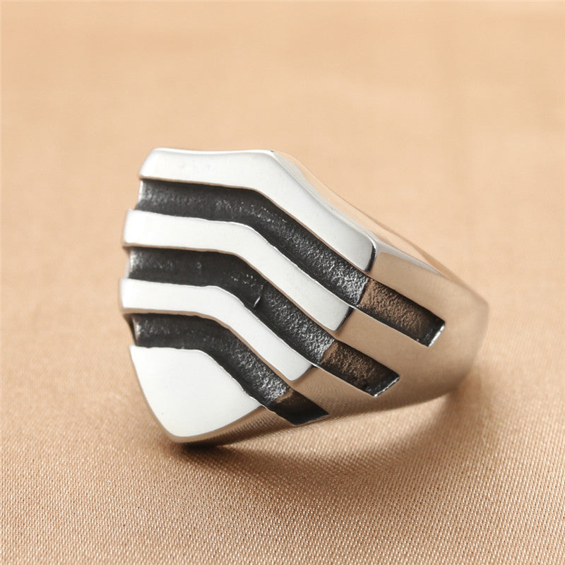 Titanium Steel Vintage Shield Ring for Men - Retro Trendy Striped Design