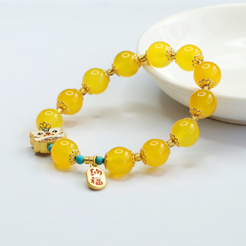 Golden Chalcedony Bracelet with Lion Head and Blessing Brand