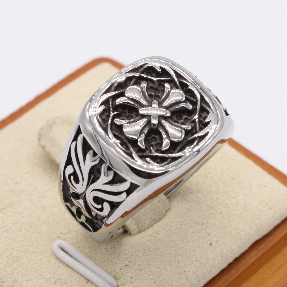 Relief Cross Flower Square Titanium Steel Ring for Men