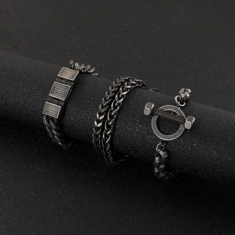 Vintage-inspired Dual-Chain Engraved Barbell Titanium Steel Men's Bracelet