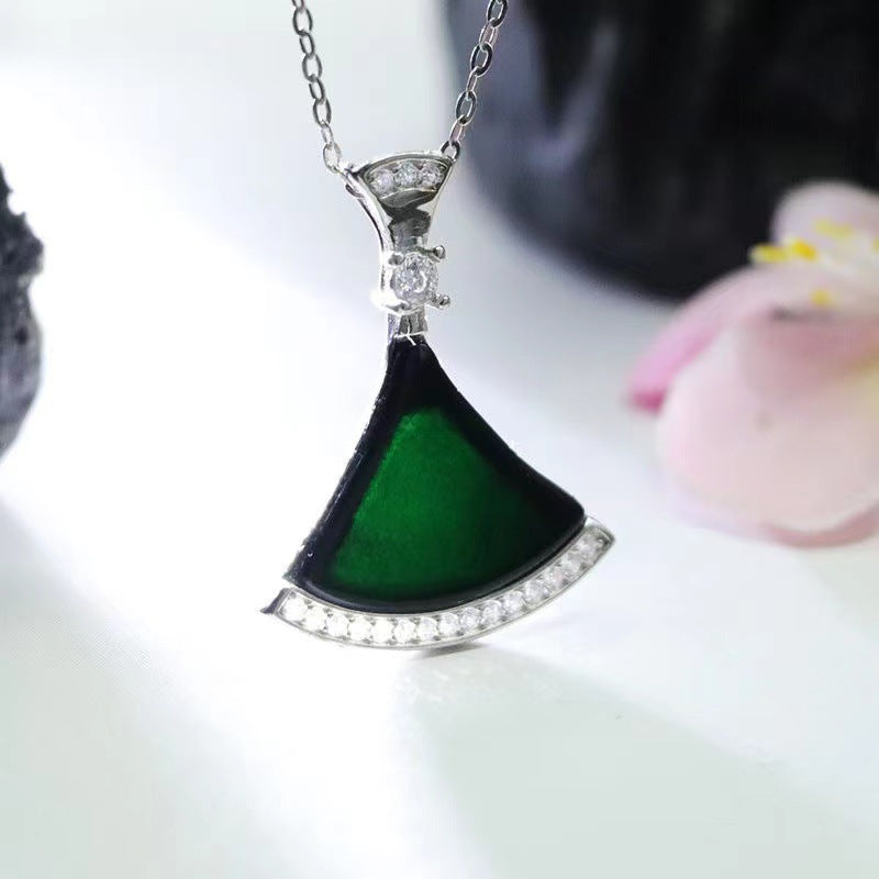 Sterling Silver Skirt Pendant Necklace with Blackish Green Jade