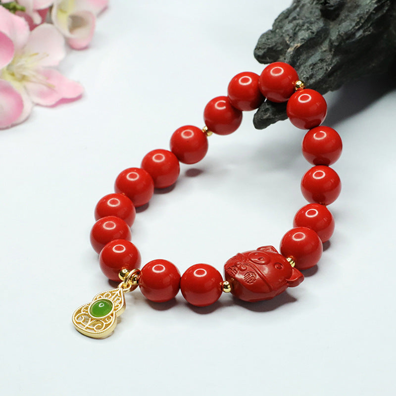 Red Cinnabar and Jade Gourd Zodiac Pig Bracelet