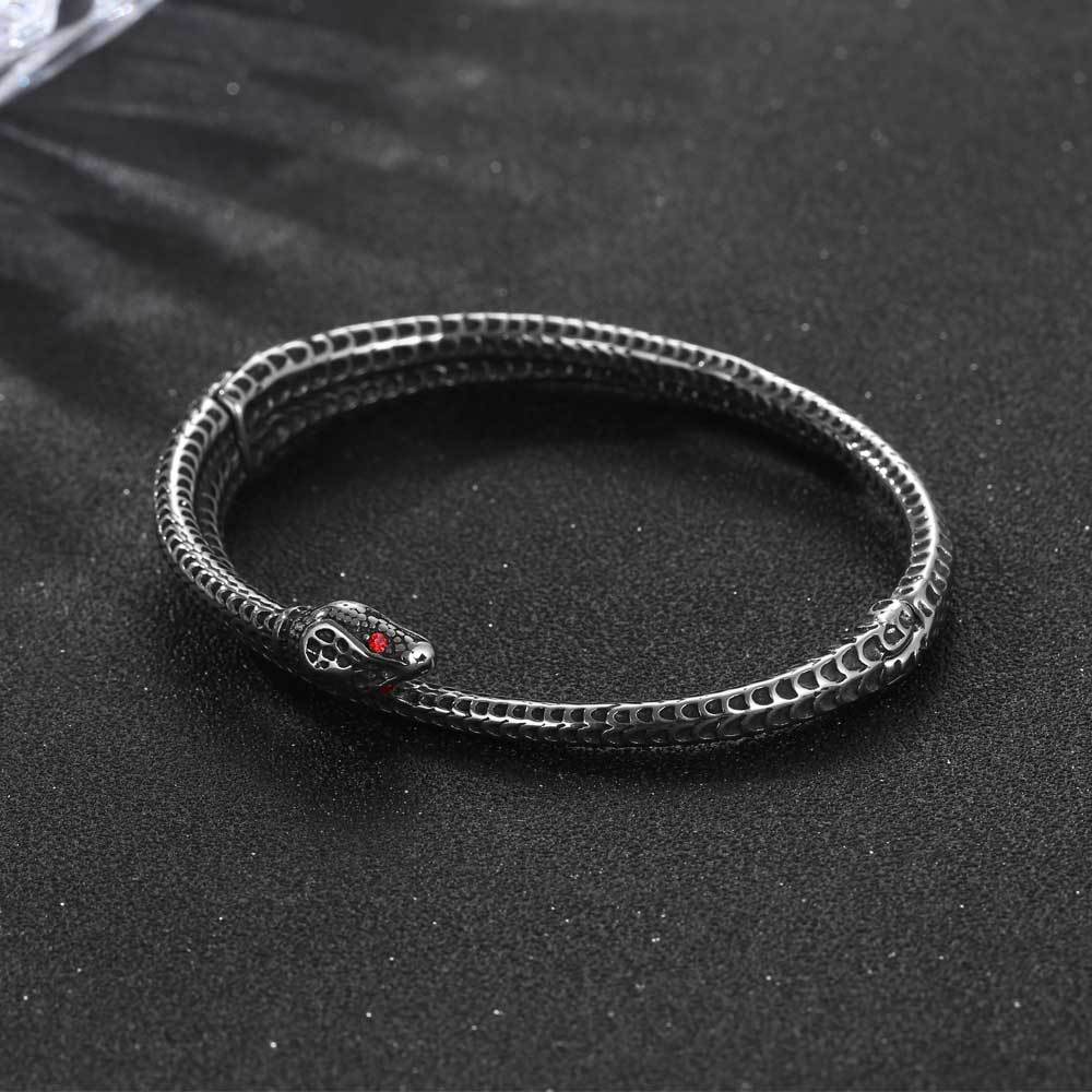 Stylish Unisex Snake-Inspired Titanium Steel Bracelet with Striking Red Zircon - Vintage Wholesale Accessory