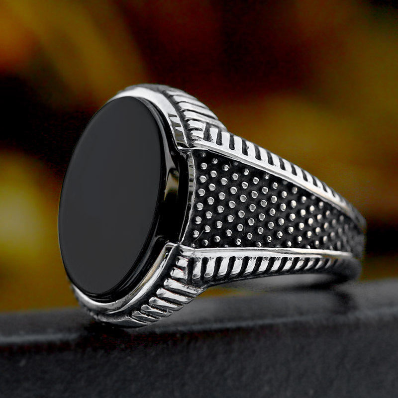 Stainless Steel Black Agate Men's Ring - Retro Titanium Steel Fashion Band for Everyday Wear, Sizes 7-13