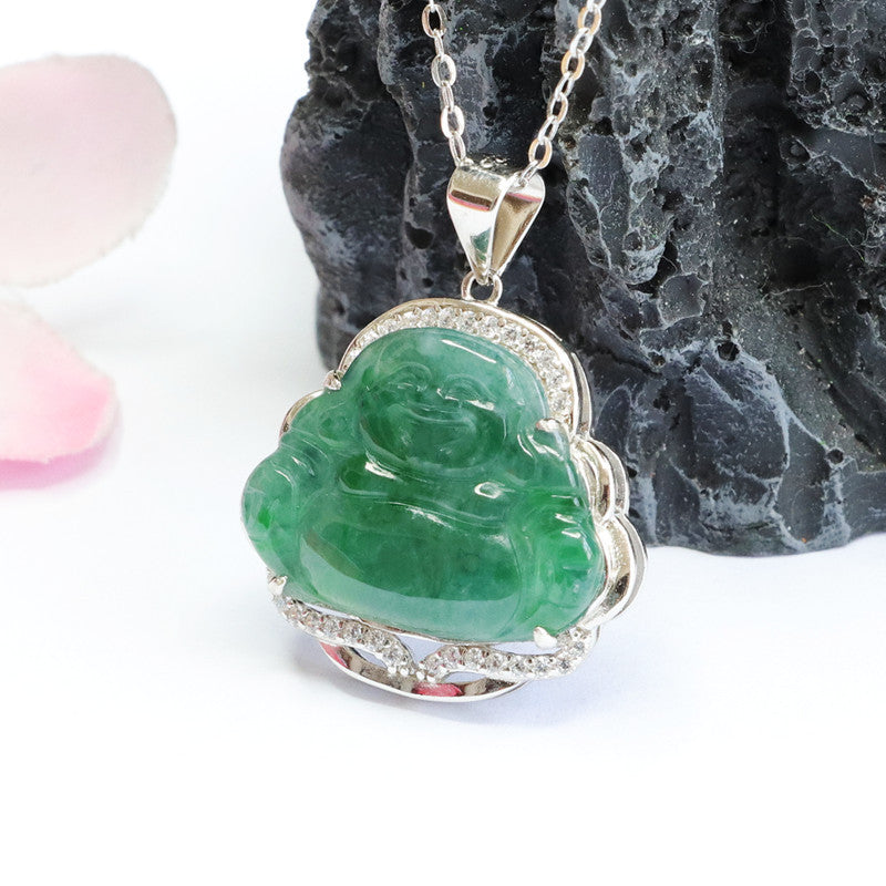 S925 Sterling Silver Jadeite Maitreya Buddha Necklace in Ice Green