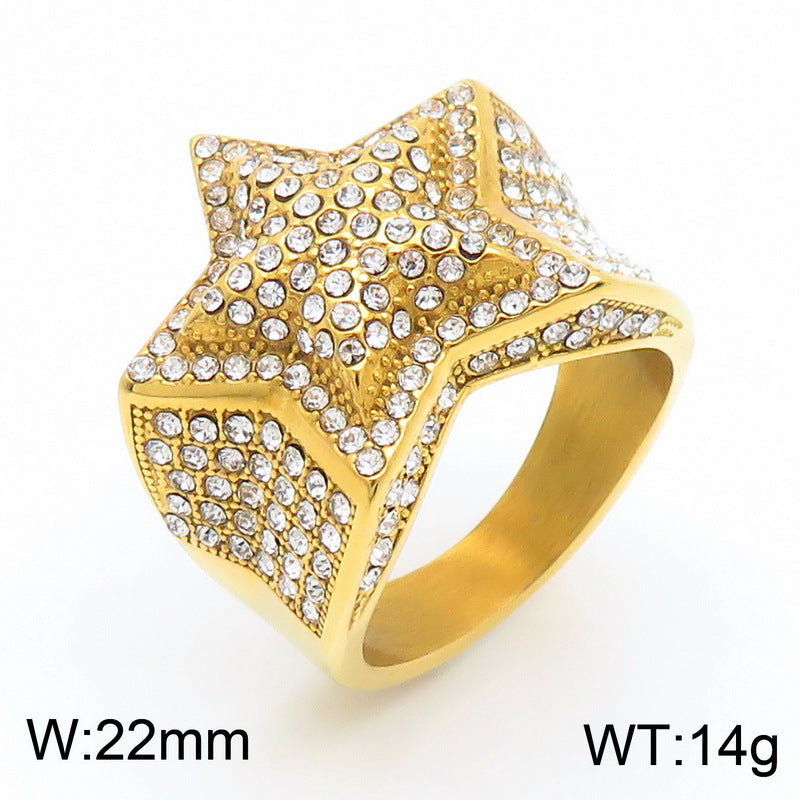 Luxury Gold-Plated Micro Zircon Men's Pentagram Ring - Hip Hop Style Stainless Steel Design