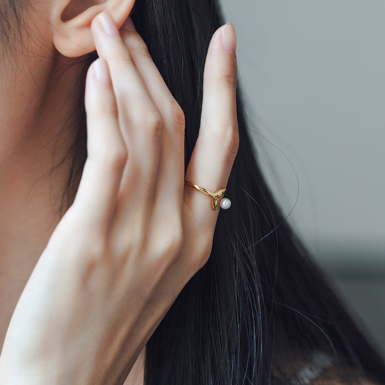 Mermaid Tail Round Pearl Opening Sterling Silver Ring