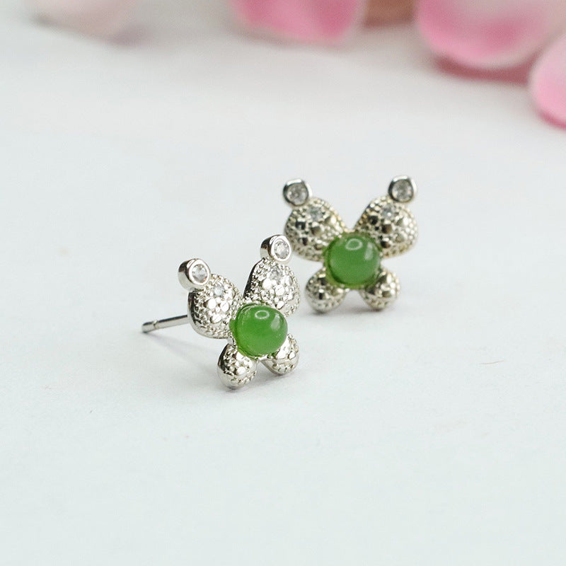 Hotan Jade Jasper Stud Earrings with Silver Bow Knot