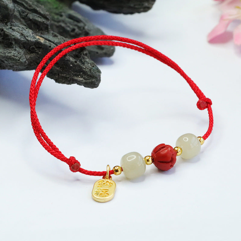 Vermilion Lotus Beads Sterling Silver Bracelet with Hetian Jade