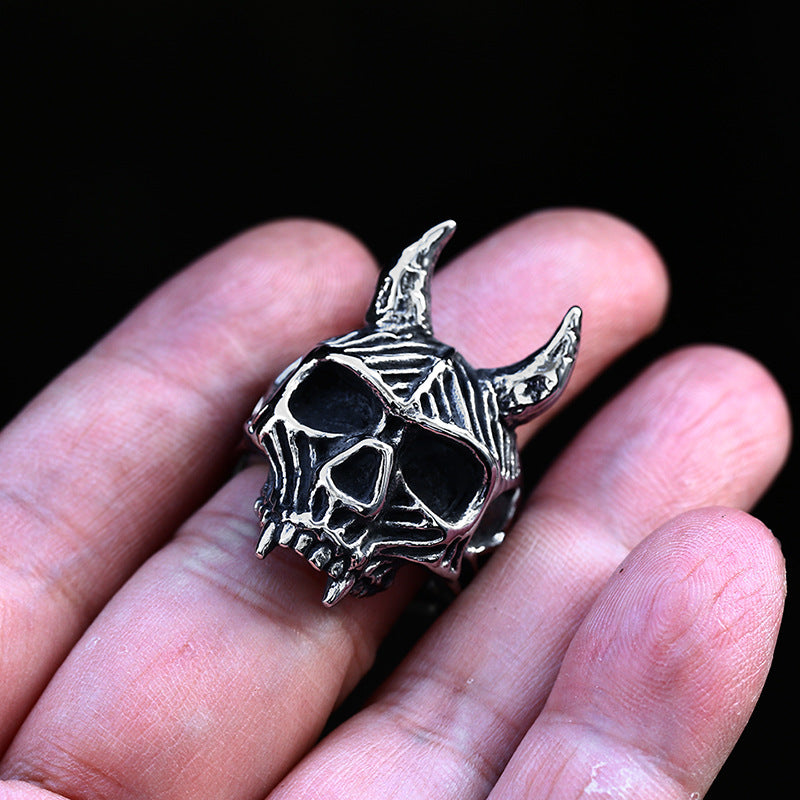 Stainless Steel Horn Skull Ring for Men - Wholesale Cross-Border Supply for Europe and America