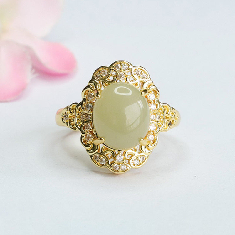 Elegant Hetian Jade Palace Style Ring with Sterling Silver