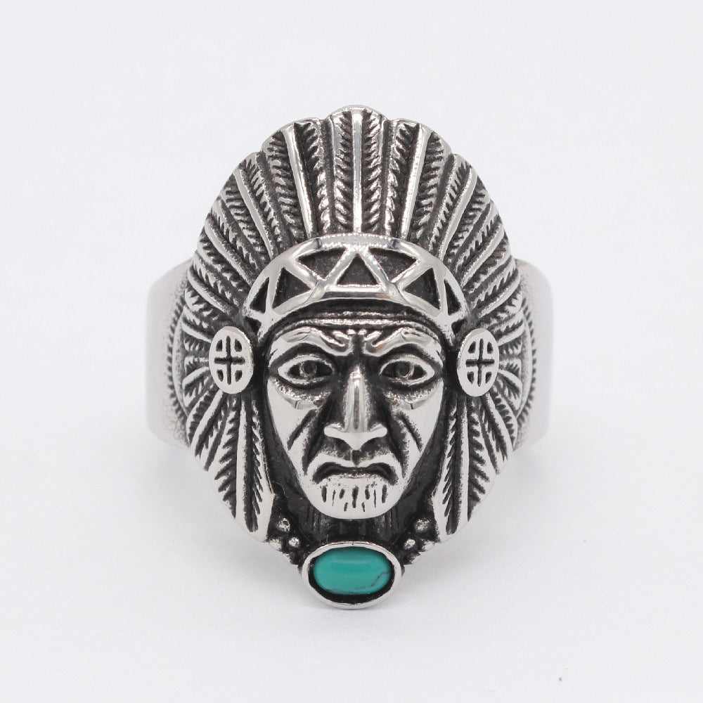 American Indian Chief Green Stone Titanium Steel Ring for Men