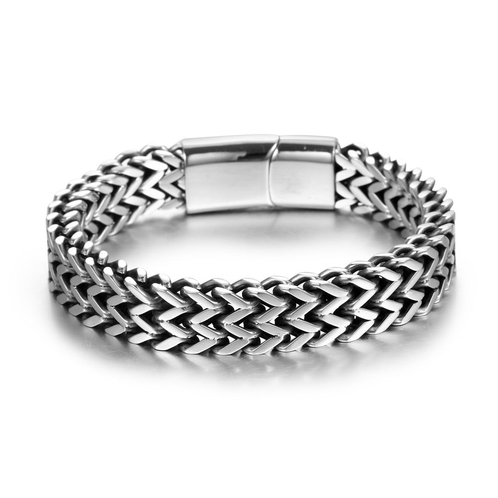 Trendy Titanium Steel Double-Row Square Chain Bracelet for Men in Silver and Black