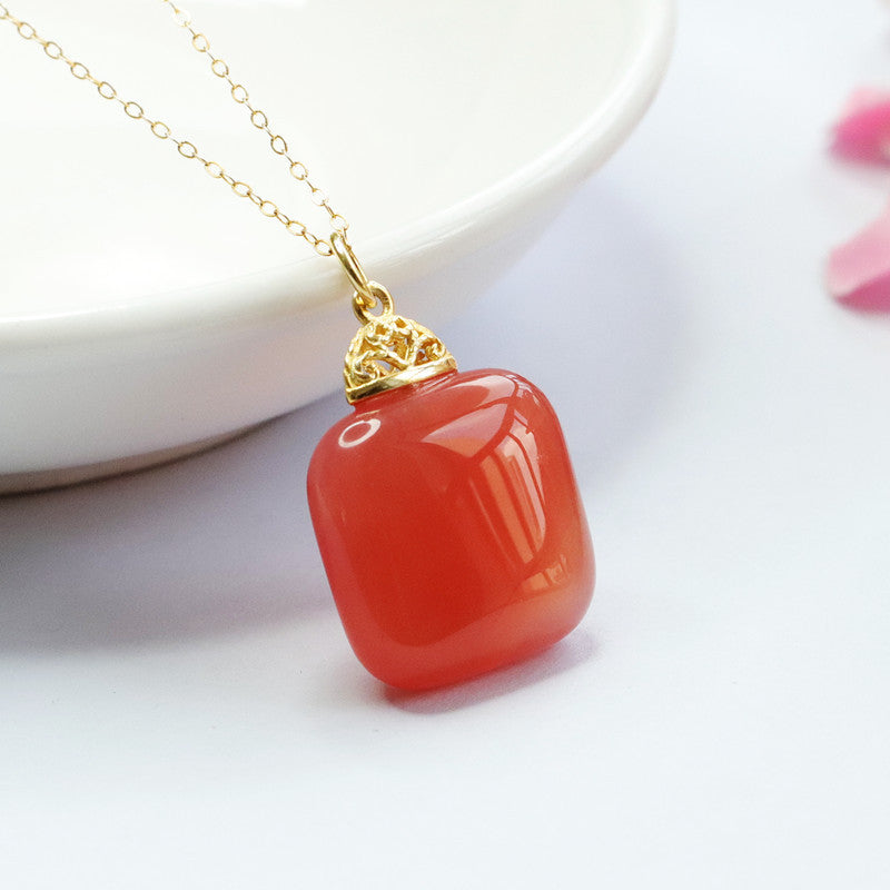 Crimson Sugar Agate Pendant Necklace with Golden Sterling Silver Jewelry