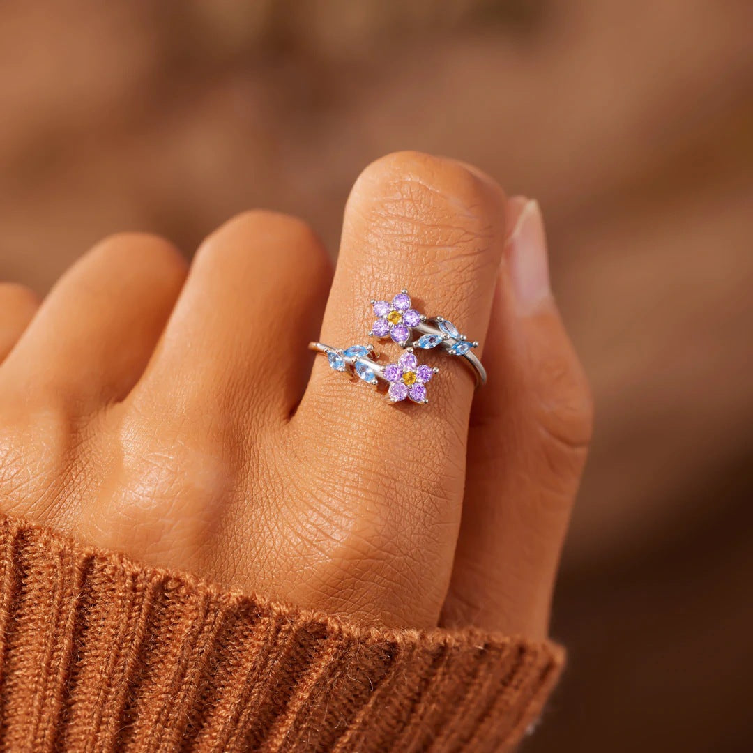 Colourful Zircon Leaf Flower Opening Sterling Silver Ring