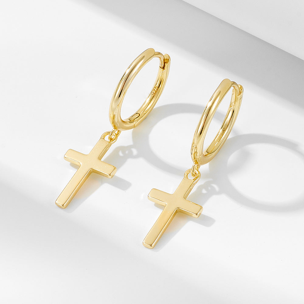 Polished Latin Cross Pendant Sterling Silver Hoop Earrings