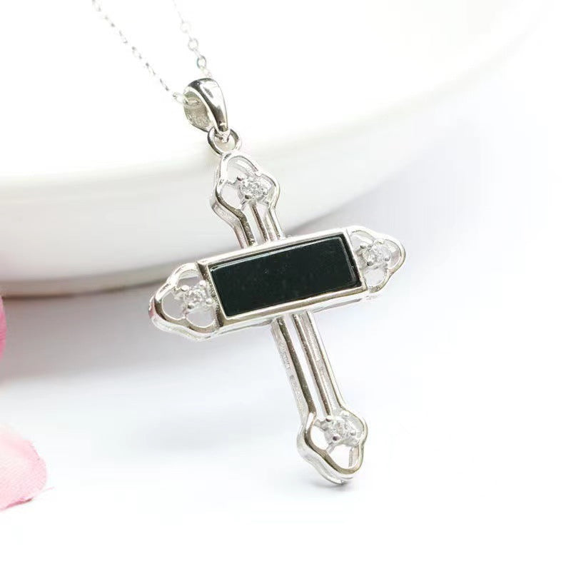 Sterling Silver Necklace with Blackish Green Jade Cross Pendant