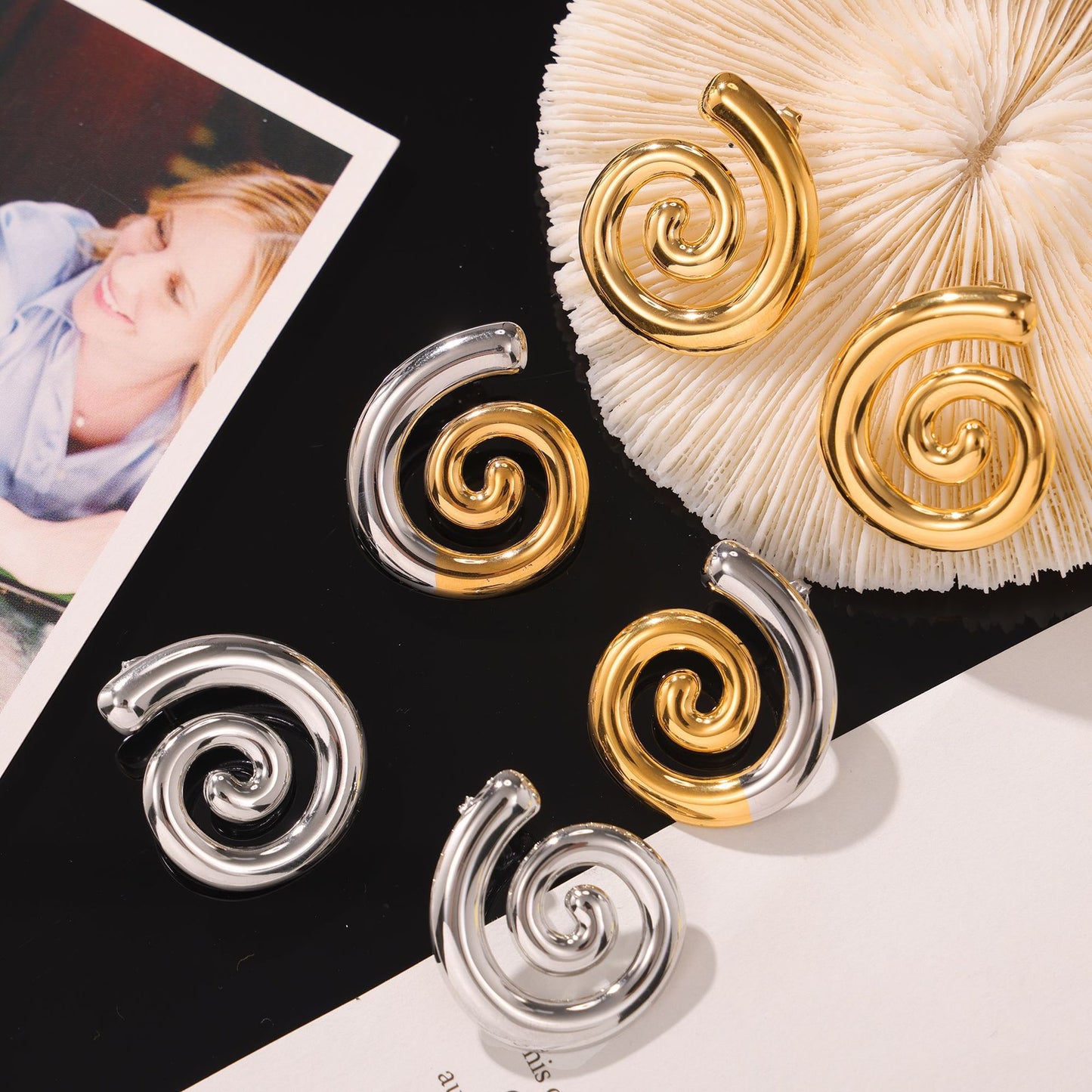 Geometric Spiral Gold-Plated Stud Earrings