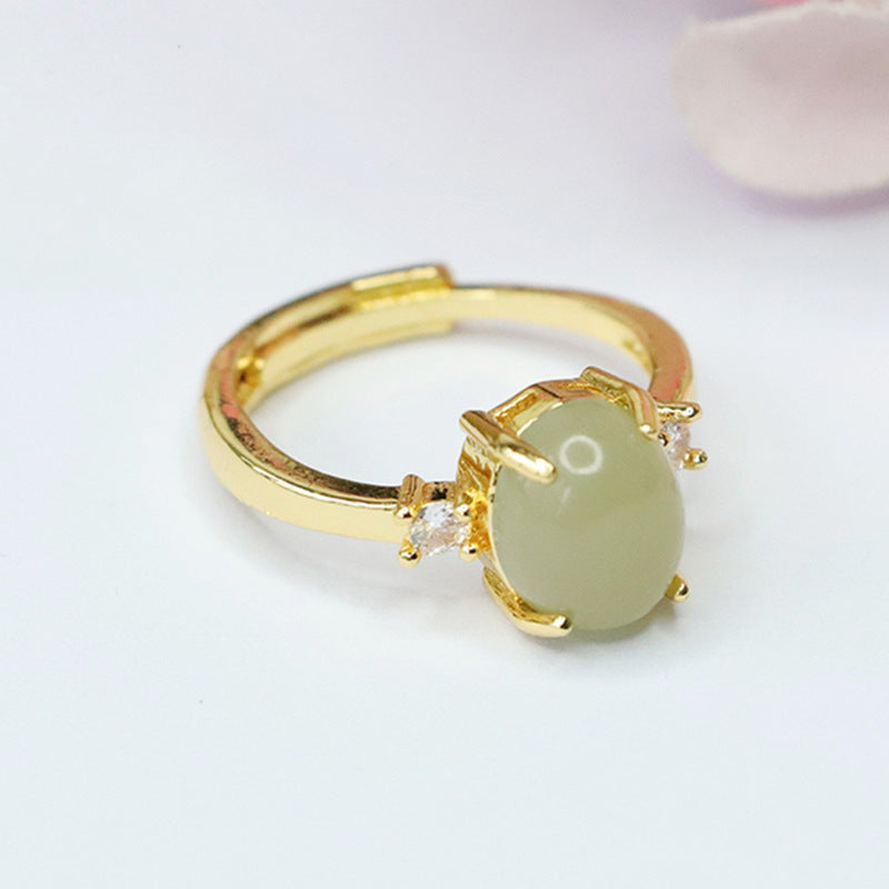 Oval Natural Hotan Jade Zircon Ring in Sterling Silver