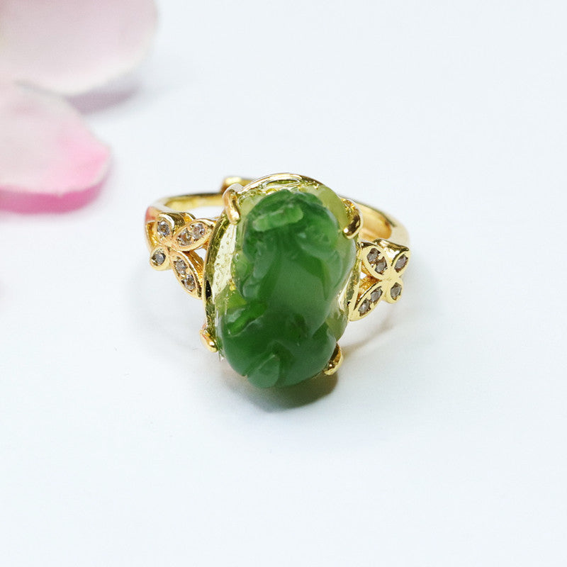 Fortune's Favor Sterling Silver Pixiu Ring with Hetian Jade Gem