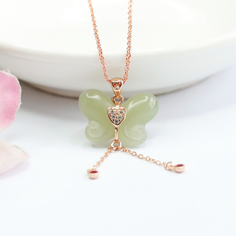 Butterfly Jade Tassel Necklace with Zircon Accent