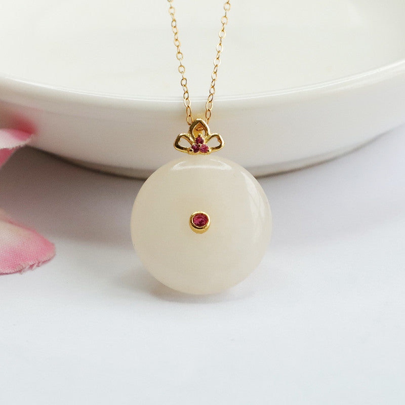 White Jade Safety Buckle Necklace with Red Zircon Accent