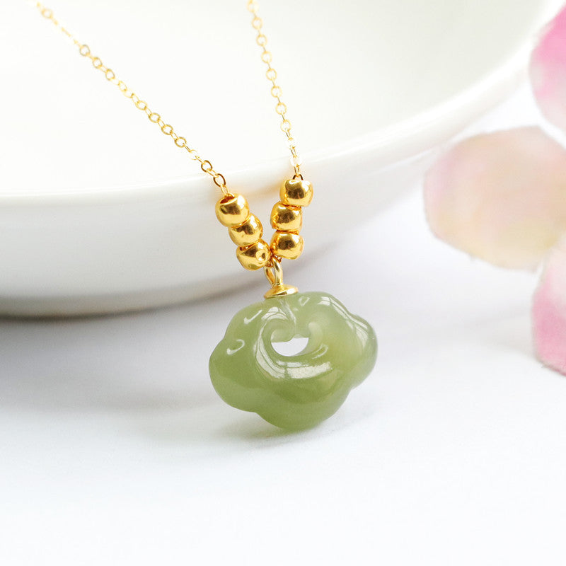 Silver Ruyi Pendant Necklace with Natural Hotan Jade Beads