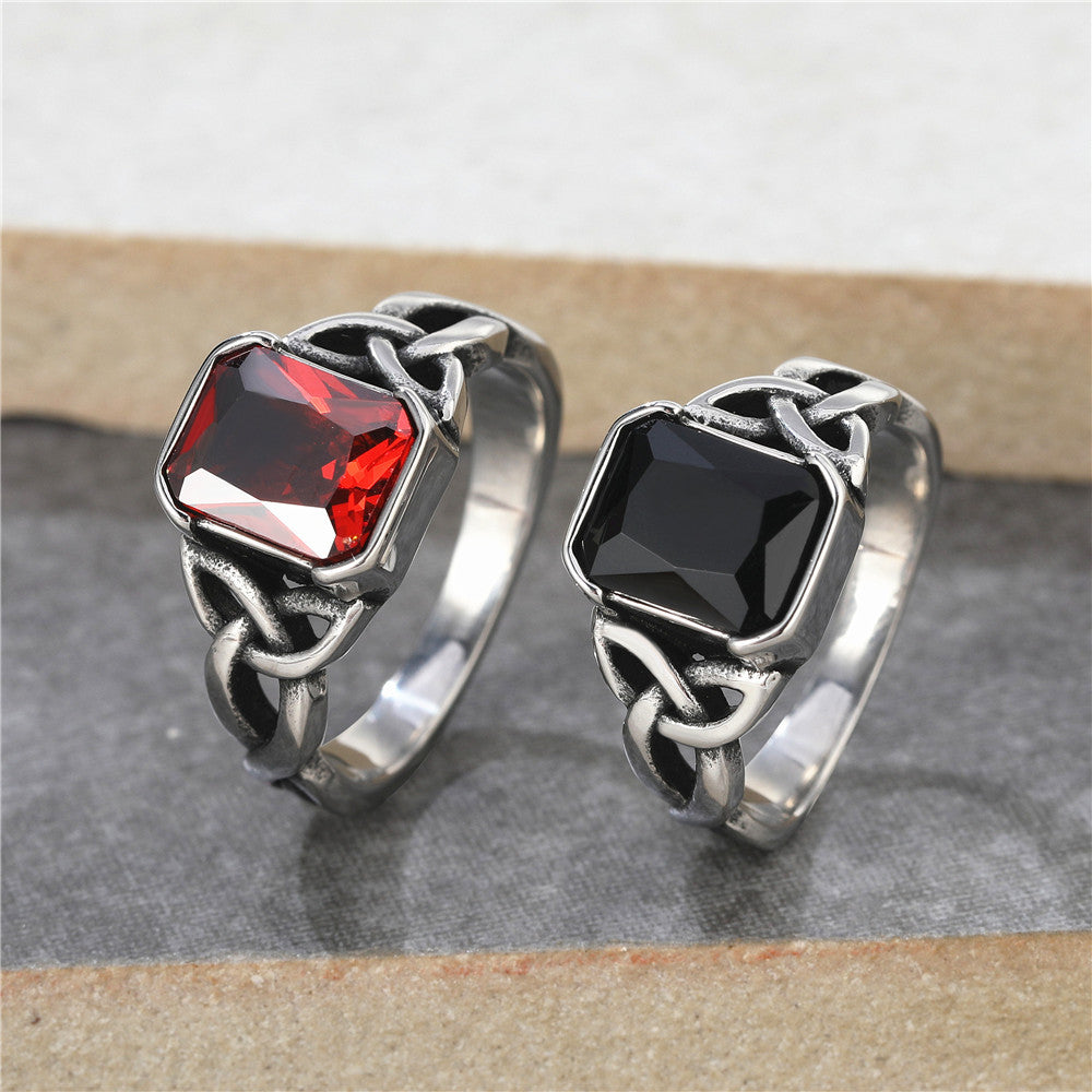 Retro Viking Celtic Rectangle Zircon Titanium Steel Ring for Men