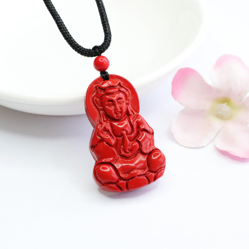 Vibrant Red Sand Guanyin Pendant for Good Fortune