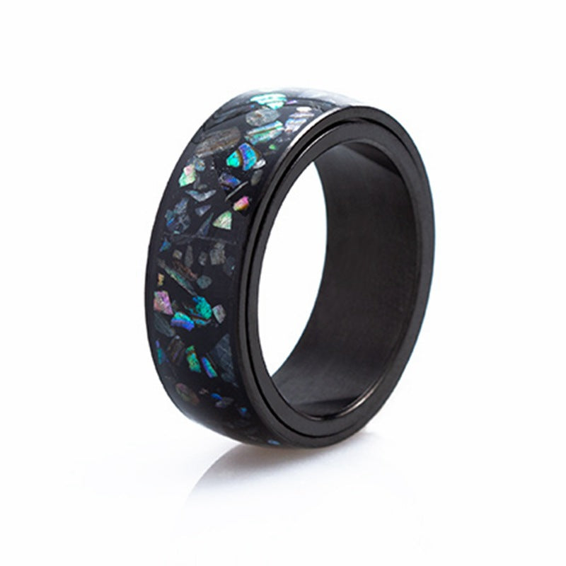 European American Style Rotating Titanium Steel Men's Ring with Abalone Shell Inlay