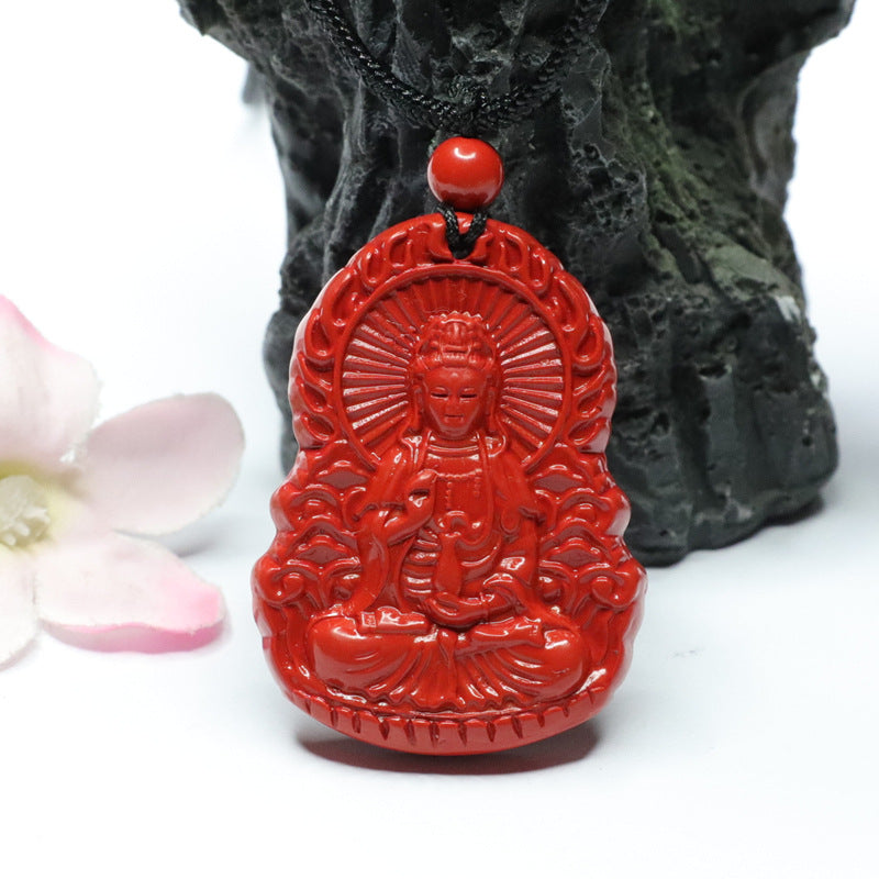 Lotus Guanyin Cinnabar Pendant with Sterling Silver