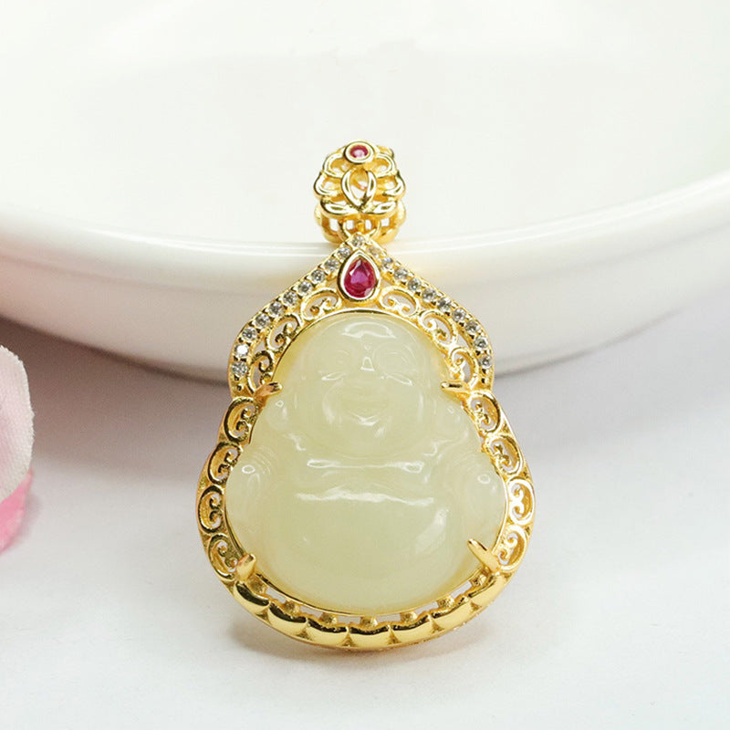 Sterling Silver Buddha Pendant with Natural Hetian Jade Necklace