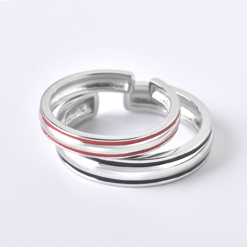 Red and Black Lines Opeing Sterling Silver Couple Rings
