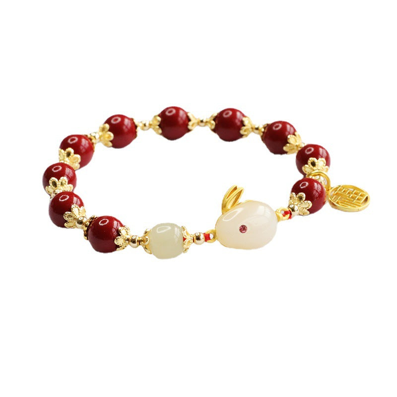 Rabbit Jade and Cinnabar Sterling Silver Blessing Bracelet