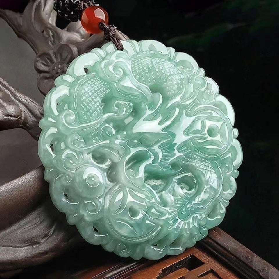 Fortune's Favor Sterling Silver Dragon Carved Jade Pendant