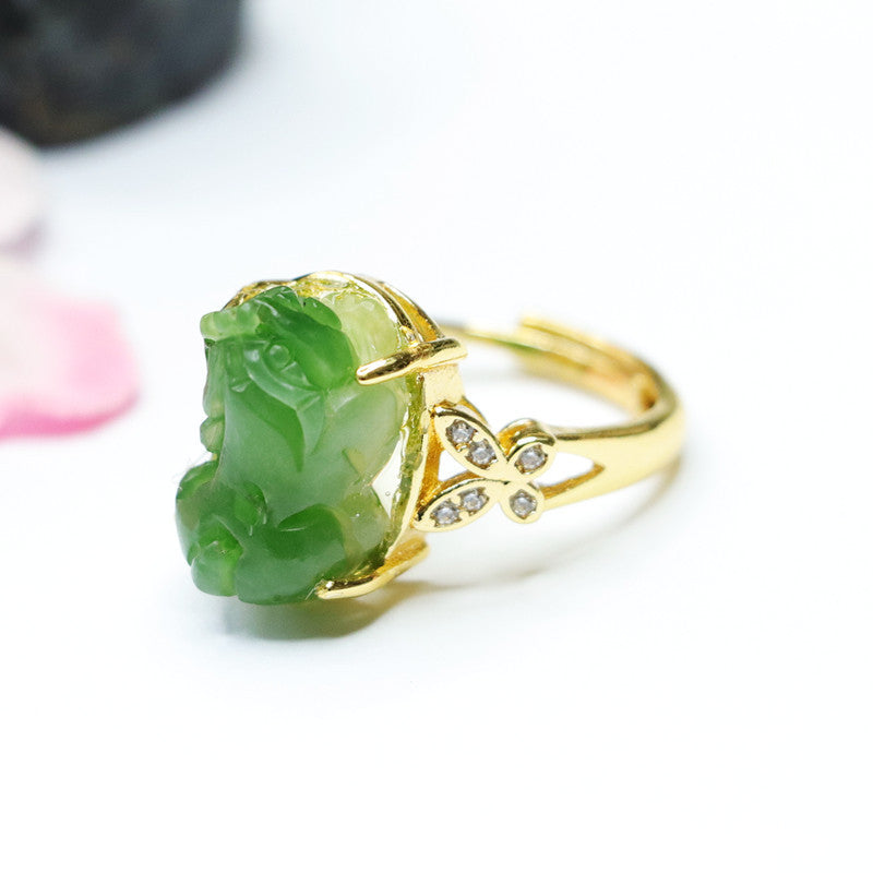 Fortune's Favor Sterling Silver Pixiu Ring with Hetian Jade Gem