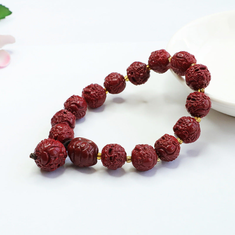 Cinnabar Pixiu Round Bead Sterling Silver Bracelet